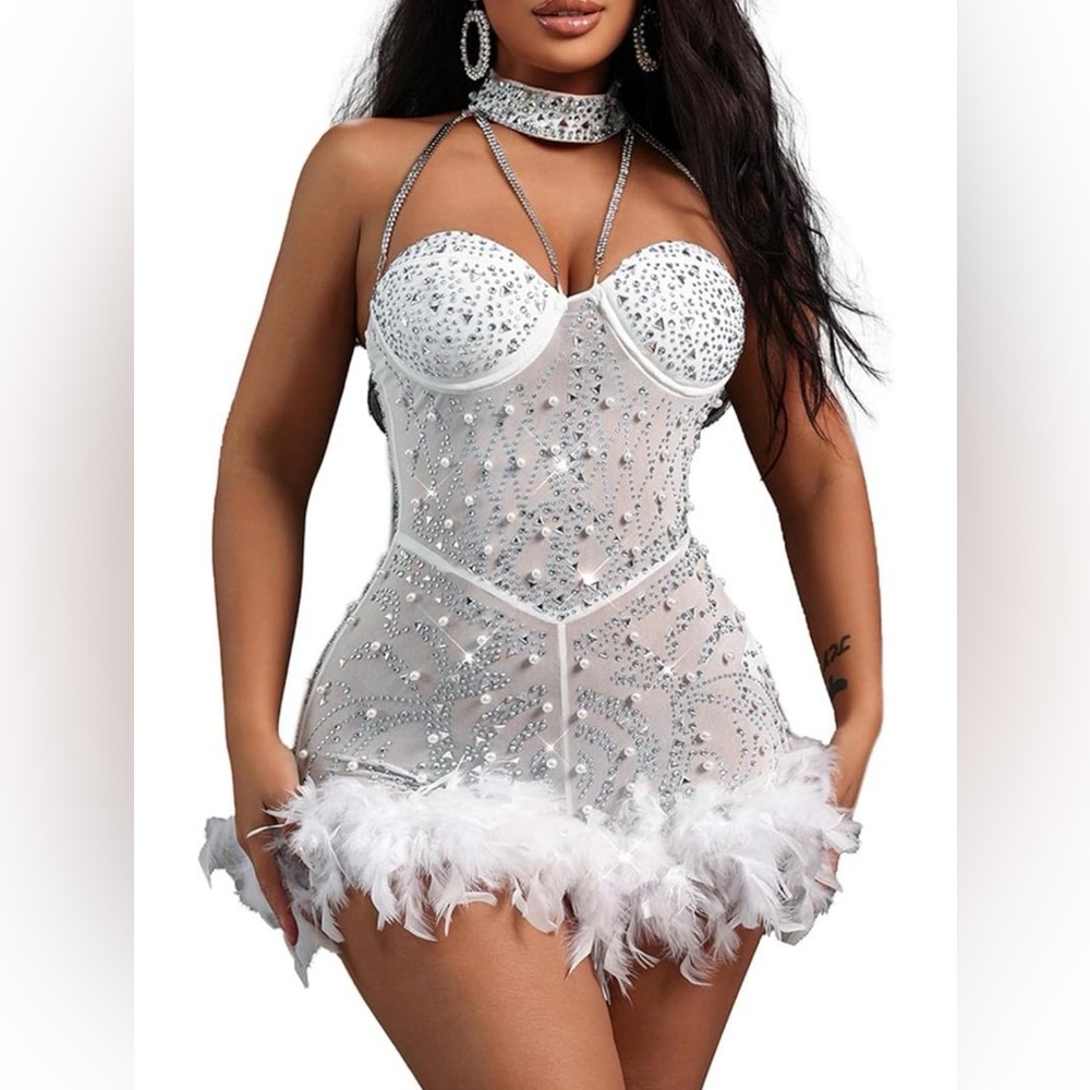🆕NIKBK Halter Mesh White Beaded Feather Mini Romper M🆕